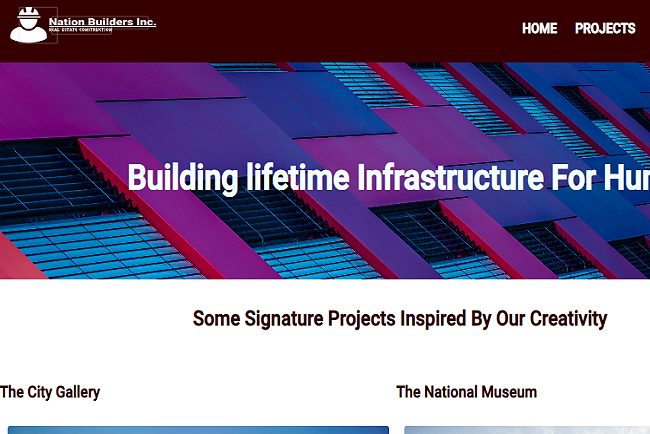Homepage of a construction company website with a bold headline banner