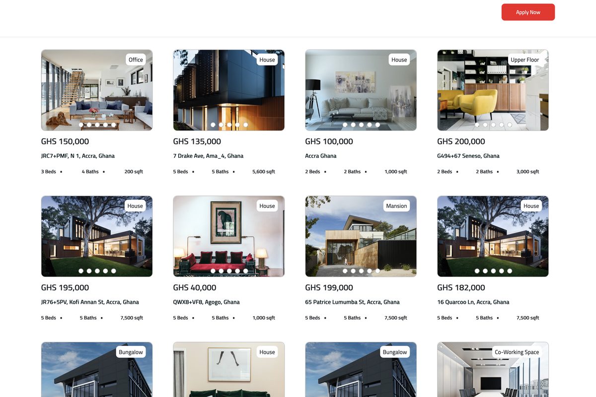 Property listings page of the real estate portal, showing a grid of homes with prices