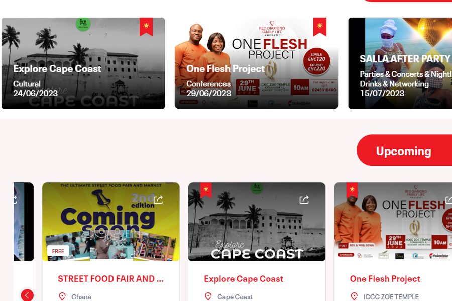 Event ticketing site showing upcoming event cards